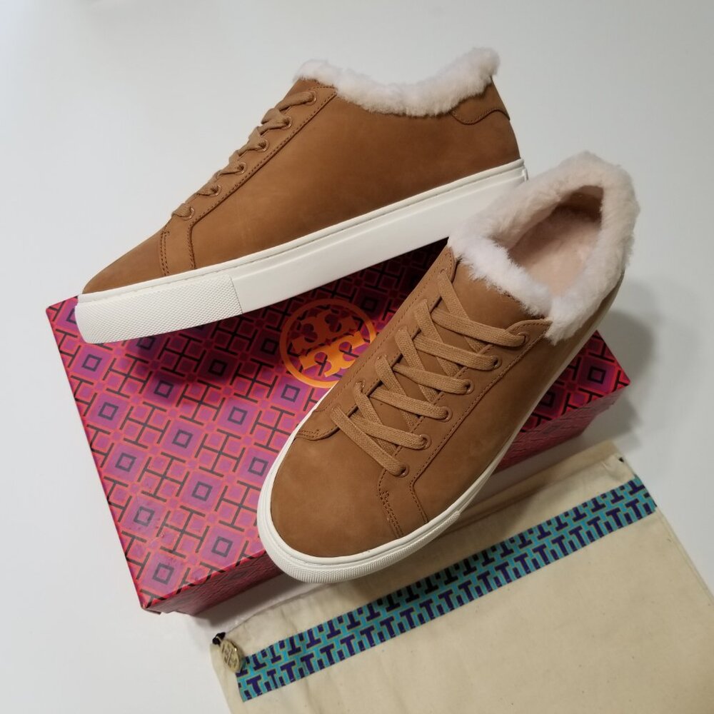 ❄️ NEW Tory Burch Lawrence Shearling Lined‎ Low Top Sneakers - Royal Tan $278❄️